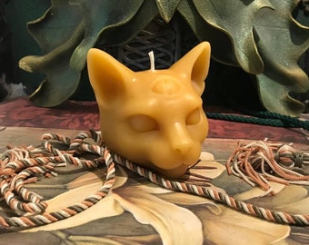 Beeswax Third Eye Cat Candle - Pagan Ritual, Choice of Color