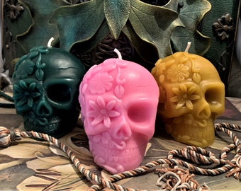 Free USA Shipping Flower Skull Day Of The Dead Sugar Skull  Día de los Muertos Beeswax Candle Choice Of Color
