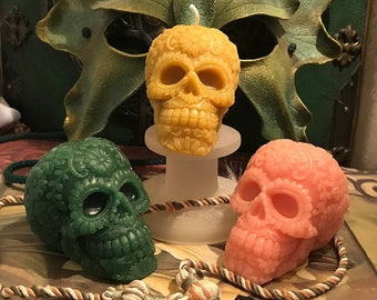 Day Of The Dead Beeswax Sugar Skull Candle, Día de los Muertos Free USA Shipping