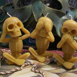 Free USA Shipping Small Skeleton Beeswax Candle Hear No Evil See No Evil Speak No Evil Choice Of Style Choice Of Color