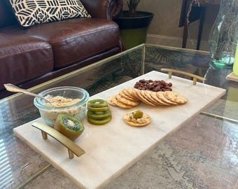 Solid Marble Serving Tray with Satin Brass Handles | Modern Coffee Table Decor