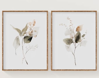 Watercolor Leaves Art Set of 2, Muted Green Botanical Prints, Minimalist Earthy Foliage Posters, Neutral Wall Decor, Digital Download