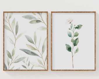 Watercolor Greenery Wall Art Set of 2, Minimalist Botanical Prints, Soft Sage Green Leaves Poster, Floral Home Decor, Digital Download