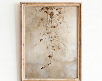 Neutral Botanical Wall Art, Printable Trailing Vine Print, Minimalist Beige Leaf Painting, Rustic Wabi Sabi Digital Download
