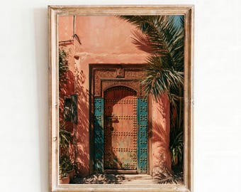 Moroccan Wall Art, Marrakech Studded Door Printable Wall Art, Terracotta Boho Oil Painting, Palm Courtyard Digital Download