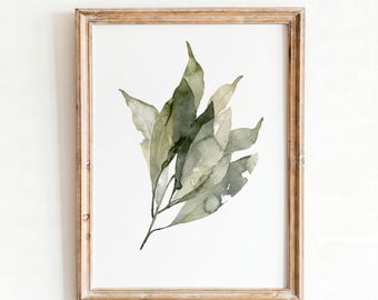 Watercolor Botanical Print, Sage Green Leaf Wall Art, Eucalyptus Greenery Digital Download, Printable Boho Decor