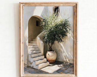 Mediterranean Courtyard Oil Painting Print, Olive Tree Wall Art, Greek Island Digital Download, Tuscan Stairs Printable, European Decor