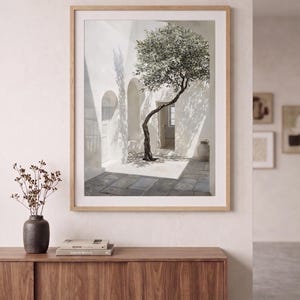 May include: A framed art print depicts a sunlit courtyard with a tree. The artwork features a white building with arched doorways and a stone-paved floor. The tree's branches cast shadows. A dark vase with dried flowers sits on a wooden cabinet.