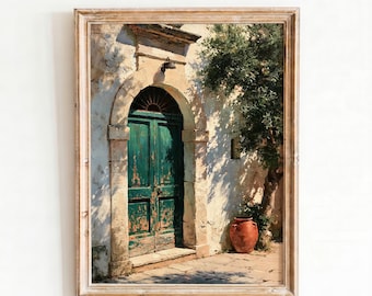 Mediterranean Wall Art, Italian Weathered Green Door Oil Painting, Olive Tree Terracotta Urn Printable Wall Art, Digital Download