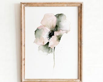 Watercolor Botanical Print, Sage Green & Pink Flower Wall Art, Blush Floral Digital Download, Boho Decor