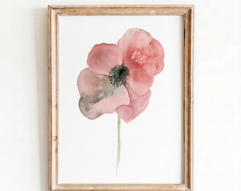 Watercolor Botanical Print, Pink Poppy Wall Art, Coral Sage Floral Digital Download, Printable Boho Decor