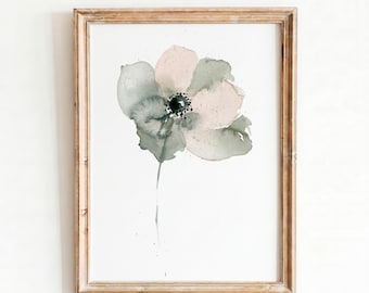 Watercolor Botanical Print, Sage Green Flower Wall Art, Blush Pink Floral Digital Download, Boho Neutral Decor