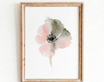 Watercolor Botanical Print, Pink Poppy Wall Art, Blush Floral Digital Download, Printable Neutral Boho Decor