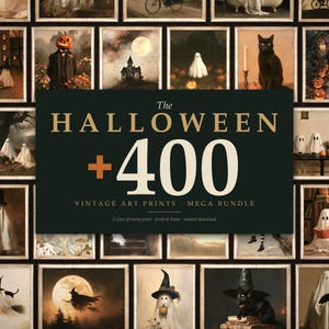 Puede incluir: Una colección digital de impresiones artísticas con temática de Halloween que incluye fantasmas, gatos negros, brujas y calabazas. El gráfico central verde oscuro muestra el texto: The HALLOWEEN +400 VINTAGE ART PRINTS MEGA BUNDLE.