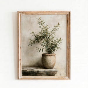 Puede incluir: Una impresión de arte mural enmarcada que muestra un olivo verde en una maceta de cerámica beige texturizada y desgastada. La planta se asienta sobre una repisa de piedra contra un fondo de pared neutro y moteado. El marco es de madera clara con veta visible.