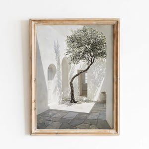 May include: Framed print of a sunlit courtyard with a mature olive tree. The tree's branches reach towards the light, casting shadows on the white walls and stone floor. The artwork is encased in a light brown wooden frame.