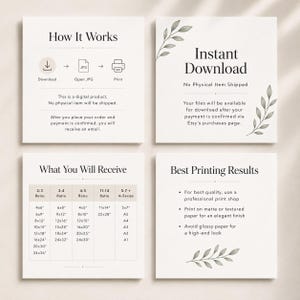 May include: Four white cards with text and botanical illustrations. The cards describe how to download, open, and print a digital product, instant download details, print size ratios, and best printing results.