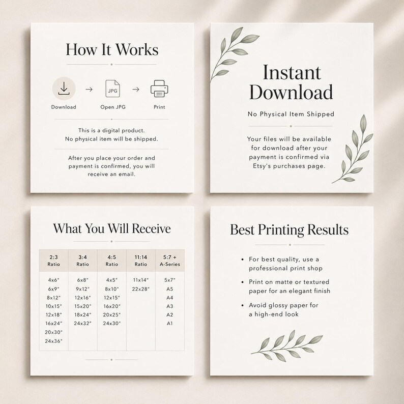 May include: Four white cards with text and botanical illustrations. The cards describe how to download, open, and print a digital product, instant download details, print size ratios, and best printing results.