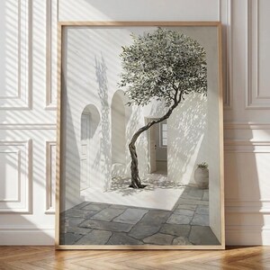 May include: A framed print depicts a sunlit courtyard with a slender olive tree. The tree's branches cast shadows on the white walls and stone floor. A wooden frame surrounds the artwork, which is displayed on a wooden floor.