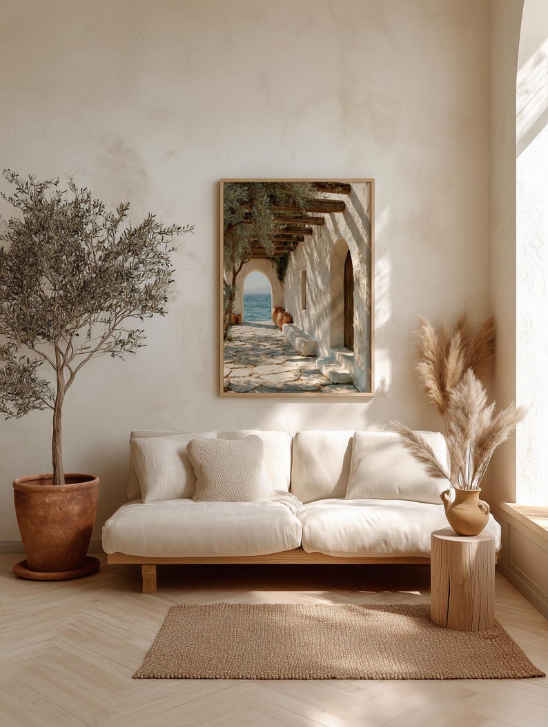 Greek Coastal Terrace Printable Wall Art, Whitewashed Sea View Pergola ...