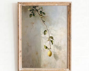 Lemon Wall Art, Minimalist Mediterranean Lemon Branch Print, Italian Botanical Painting, Neutral Kitchen Printable Digital Download