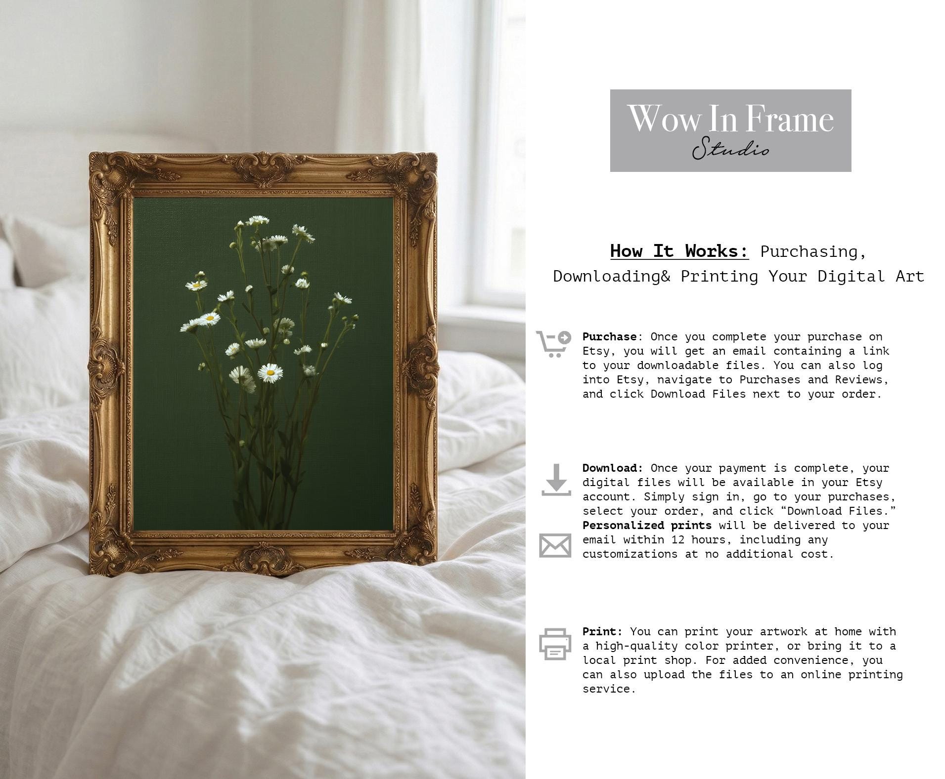 Vintage Floral Wall Art | Daisy Painting Print | Green Botanical ...