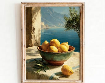Lemon Wall Art, Amalfi Coast Oil Painting Print, Italian Mediterranean Kitchen Decor, Lemons Still Life, Printable Digital Download