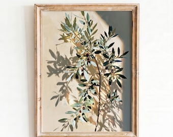 Olive Branch Wall Art Print, Mediterranean Botanical Painting, Minimalist Neutral Decor, Sunlit Olive Tree Artwork