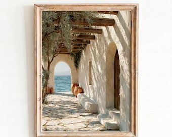 Greek Coastal Terrace Printable Wall Art, Whitewashed Sea View Pergola Olive Tree Painting, Mediterranean Digital Download Decor