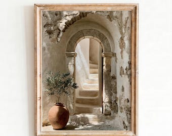 Mediterranean Stone Archway Printable Wall Art, Rustic Staircase Olive Tree Painting, Tuscan Digital Download Decor