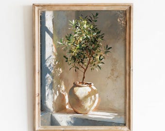Olive Tree Still Life Painting Wall Art, PRINTABLE, Vintage Botanical Digital File, Modern Organic Mediterranean, Vertical Print