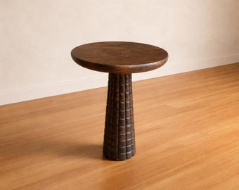 Hand Carved Solid Wood Round Side Table, Mid Century Modern Pedestal Accent Table