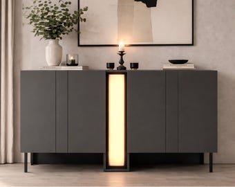 Modern Stone Look Sideboard Cabinet with Integrated LED Lighting, Charcoal Buffet Console