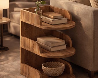 Solid Wood Corner Side Table, Rustic Storage Shelf, Boho Living Room Furniture