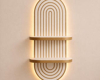 Hand Carved Boho Wall Shelf with Ambient LED Lighting, Floating Decor