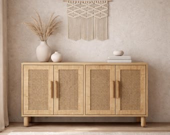 Solid Wood Credenza with Rattan Doors, Mid Century Modern Sideboard Cabinet