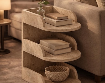 Travertin Beistelltisch, Steinoptik Tisch, 3-stufiges Eckregal, Moderner Minimalistischer Nachttisch, Möbel für Kleine Räume, Neutrale Deko
