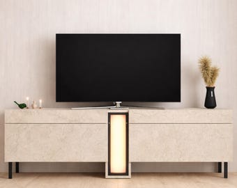 Stone Effect Media Console with Integrated LED Lighting, Modern TV Stand