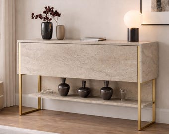 Travertine Look Sideboard, Modern Buffet Cabinet, Neutral Console Furniture