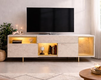 Modern Media Console with Integrated LED Lighting, Stone Look TV Stand