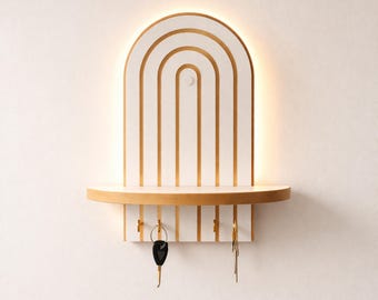 Hand Carved Arched Shelf with Key Hooks and LED Light, Boho Entryway Organizer