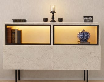 Stone Look Sideboard Cabinet with Integrated LED Lighting, Modern Travertine Buffet Cabinet, Minimalist Storage Console