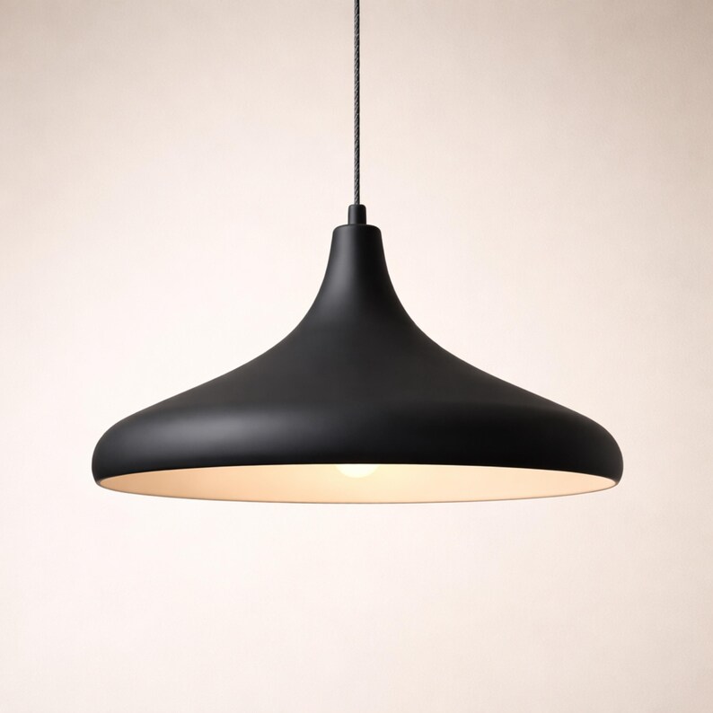 May include: A matte black pendant light fixture with a wide, flared shade. The interior of the shade is white, and a single light bulb is visible. The light hangs from a thin, dark cord.