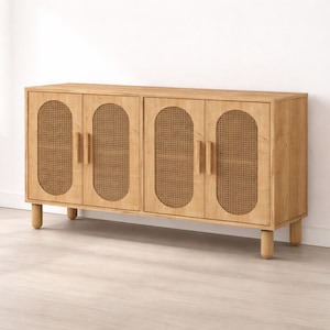 Credenza in Rovere, Mobile Contenitore Boho, Buffet con Ante in Juta Intrecciata, Consolle in Legno