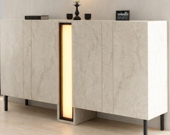 Travertine Sideboard with Integrated LED Lighting, Modern Stone Buffet Cabinet, Designer Console