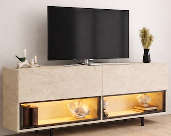 Minimalist Stone Look Media Console with Ambient LED Lighting, Modern TV Stand