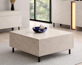 Stone Look Square Coffee Table, Modern Minimalist Living Room Table, Travertine Style Center Table