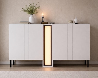 White Sideboard with Integrated LED Lighting, Modern Buffet Cabinet, Stone-Look Finish Console