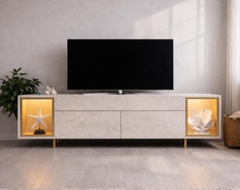 Modern Media Console with Ambient LED Lighting, Stone Effect TV Stand