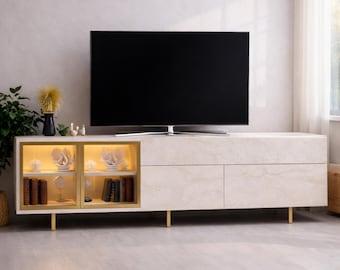 Luxury Stone Look Media Console with Integrated LED Lighting, Modern TV Stand